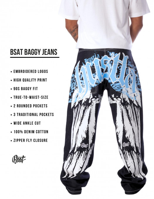 BSAT HUSTLA Baggy Jeans BlueNWhite...