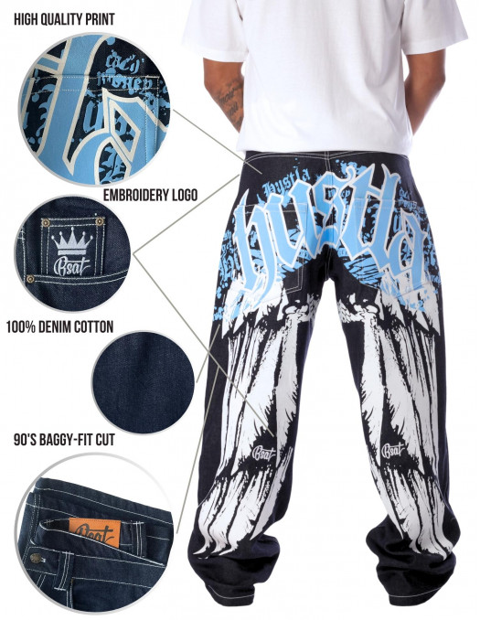 BSAT HUSTLA Baggy Jeans BlueNWhite...